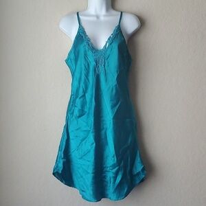 Vtg Kathryn Liquid Satin Slip Dress Womens  Turquoise/Teal sleep lingerie